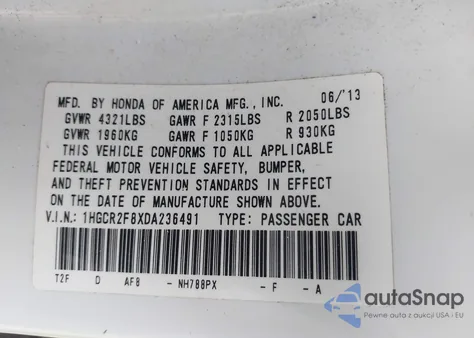 2013 Honda Accord Ex-L z USA, uszkodzony, nr VIN 1HGCR2F8XDA236491